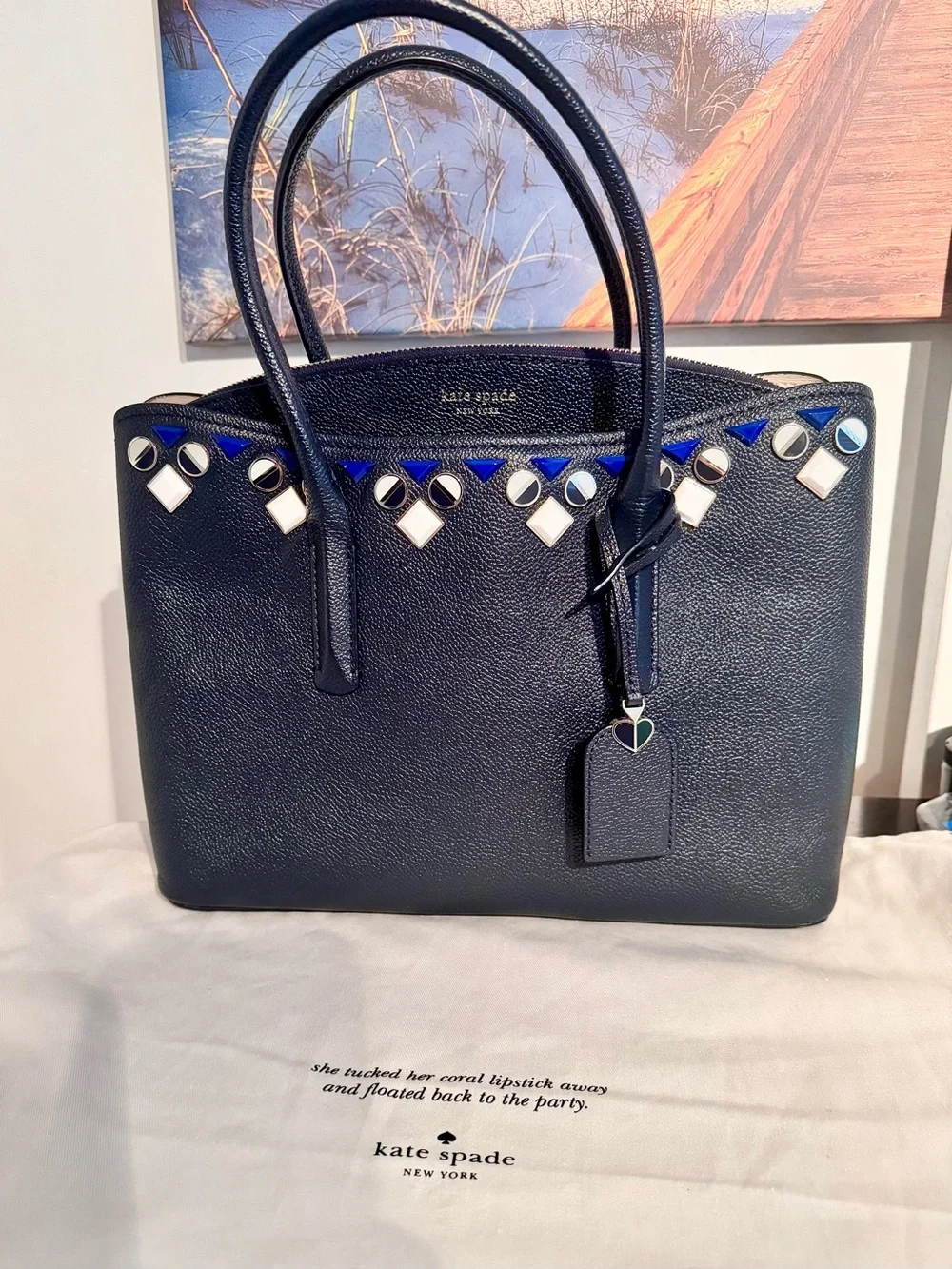 NWOT Kate Spade Margaux Jeweled Large Satchel Blazer Blue W/ Dust Bag